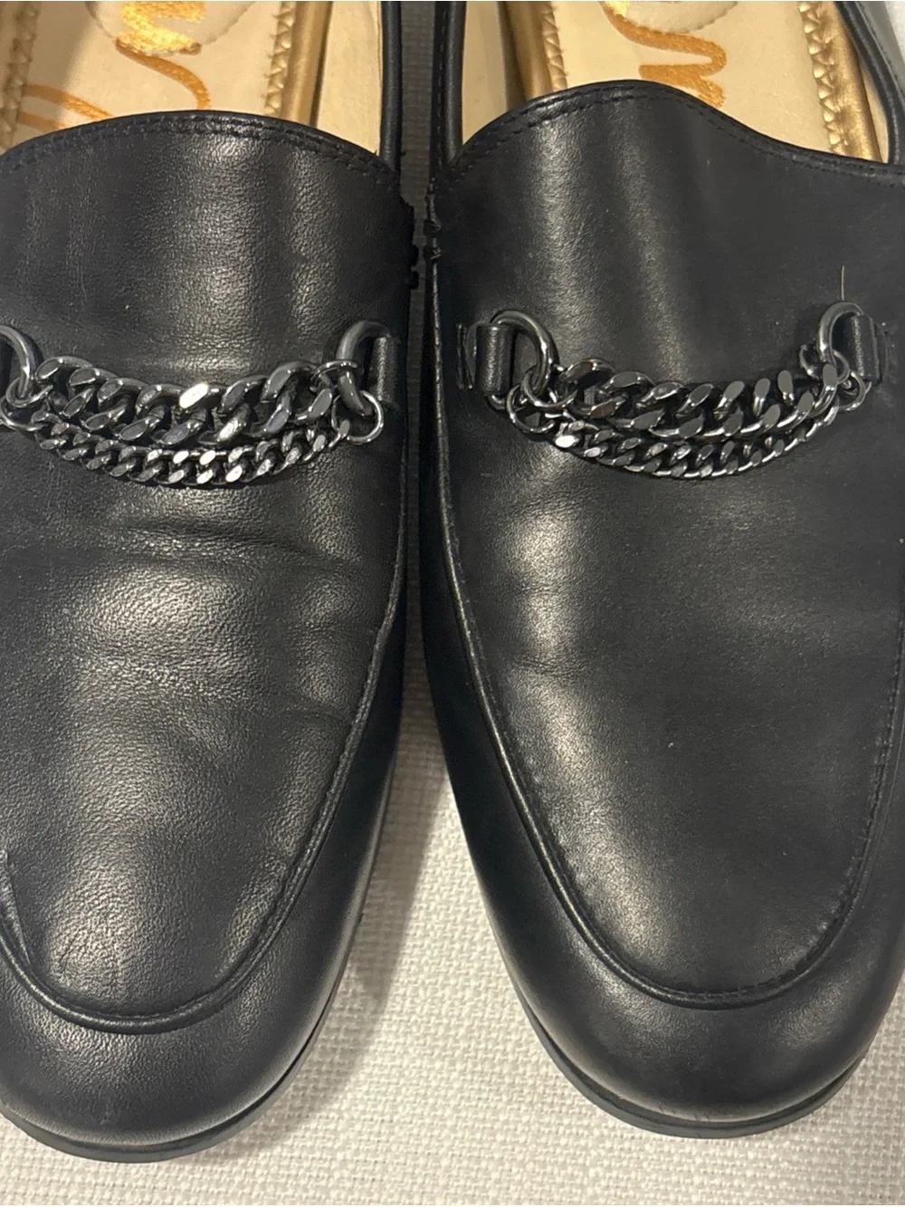 Sam Edelman Black Leather Chain-Trim Slip-On Loafers